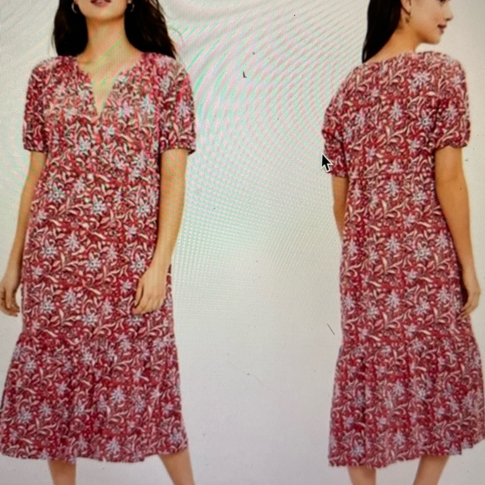 LOFT Red and White Puff Sleeve Midi Sundress